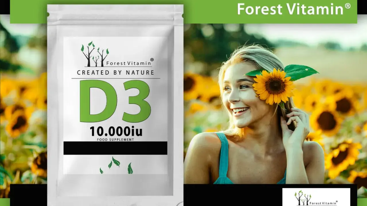 Opakowanie Forest Vitamin D3 10.000iu obok uśmiechniętej kobiety w polu słoneczników.