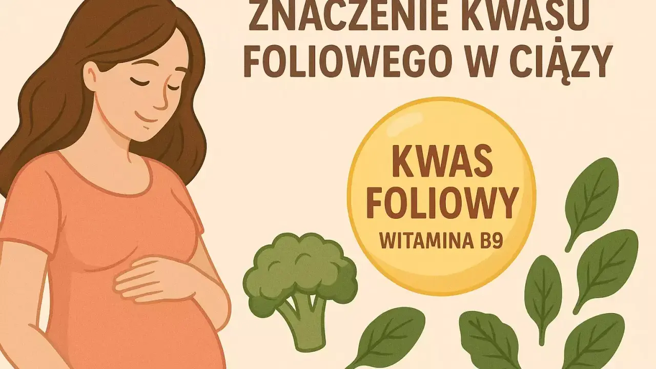 Ciężarna kobieta z uśmiechem na twarzy, obok niej brokuł, szpinak i okrąg z napisem "Kwas foliowy - witamina B9".