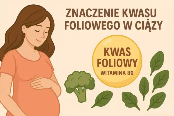 Ciężarna kobieta z uśmiechem na twarzy, obok niej brokuł, szpinak i okrąg z napisem "Kwas foliowy - witamina B9".
