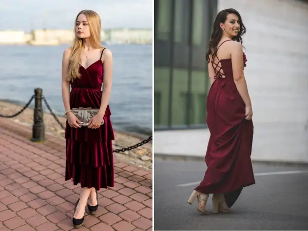 Dwie kobiety w bordowych sukienkach. Pierwsza ma czarne szpilki, druga beżowe sandałki. Jakie buty do bordowej sukienki? Oto inspiracje.